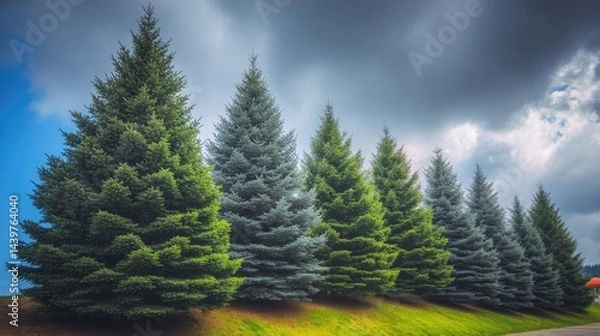 Fototapeta Evergreen Whispers: A captivating row of majestic evergreen trees, their vibrant needles mirroring the dynamic sky above, a true symbol of nature's enduring beauty.