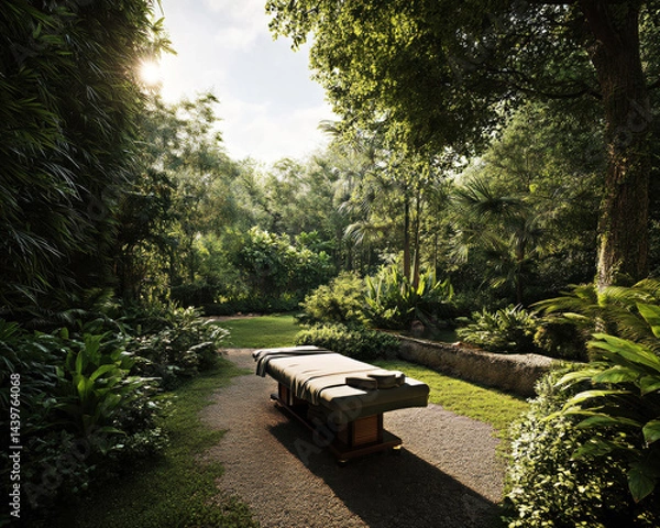 Fototapeta Experience serenity in this lush outdoor spa setting, featuring a massage table surrounded by verdant foliage and gentle sunlight filtering through the trees, inviting relaxation and rejuvenation.