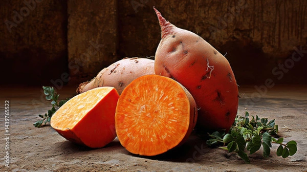 Fototapeta A stunning arrangement of whole and halved sweet potatoes resting on a textured surface, showcasing their bright orange flesh and earthy tones.