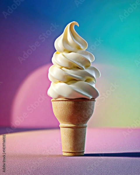 Fototapeta A beautifully swirled soft serve ice cream cone, standing against a vibrant, colorful background, evokes feelings of nostalgia and joy.