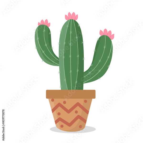 Obraz A cute vector illustration of a green cactus in a decorative pot, perfect for home decor, greeting cards, or educational visuals about plants and nature. The soft color palette and minimal design