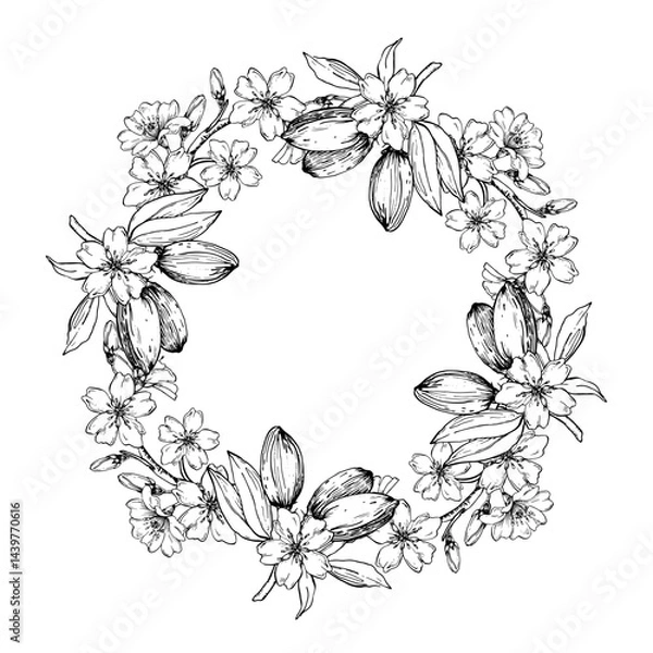 Fototapeta Almond wreath vector illustrations hand drawn with ink.Round border with black and white nuts, flowers, branches and leaves. Template for food and drink label design
