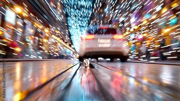Obraz Car Driving at Night with Motion Blur and City Lights