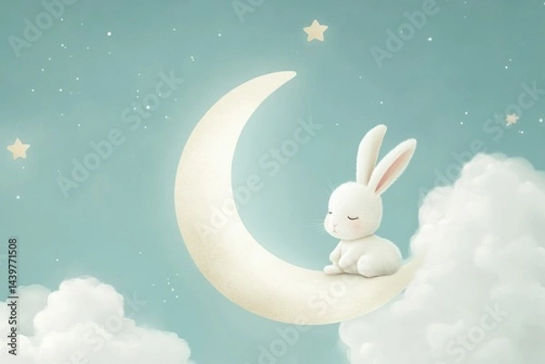 Fototapeta Bunny Takes a Peaceful Stroll on a Crescent Moon Amidst Soft Clouds Under a Serene Sky Filled With Twinkling Stars