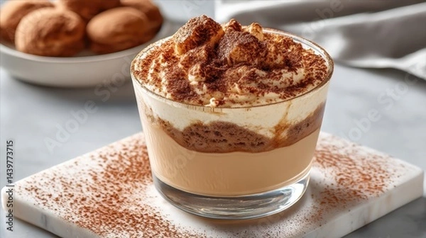 Fototapeta Tiramisu dessert in glass cup with cocoa powder dusting and coffee beans, placed on marble surface with dessert spoon.