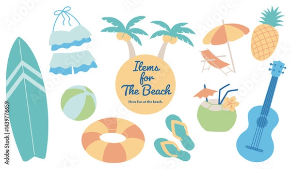 Fototapeta ビーチアイテムのベクターイラストセット