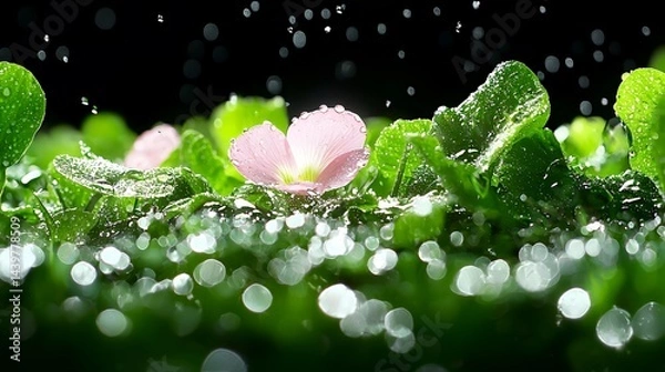 Obraz Pink Flower with Water Droplets on Green Leaves Closeup