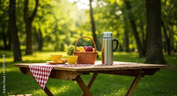 Obraz Summer Picnic Table with Fruit Basket and Thermos in Sunny Park