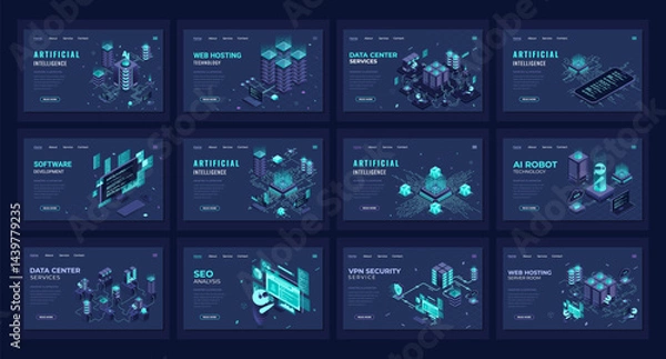 Fototapeta Large set of isometric landing page template. Modern technology concept for data center, web hosting, and artificial intelligence. Isometric technology