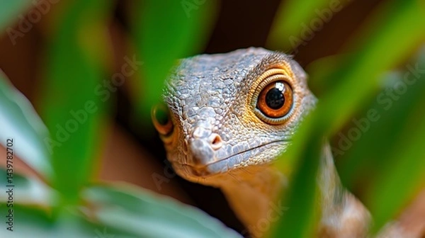 Obraz Lizard Peeking Through Green Leaves Close Up Portrait