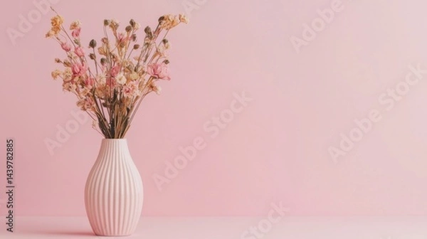 Fototapeta Elegant dried flowers in a textured vase against a soft pink background create a serene floral display in a minimalist setting