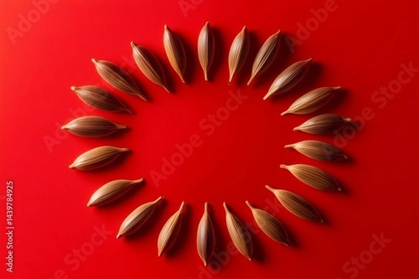 Obraz Tomato seeds arranged in a circle on a vibrant red background, creating a sun like pattern, symbolizing growth, nature, and the life cycle