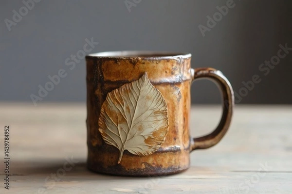 Fototapeta Earthenware mug featuring a decorative leaf, resting on a wooden surface, showcasing craftsmanship and autumnal aesthetics