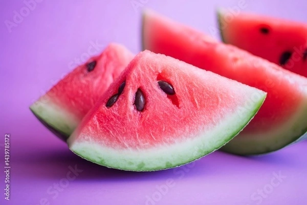 Fototapeta Fresh watermelon slices with seeds are presented on a vibrant purple backdrop, creating a colorful and appetizing summer scene