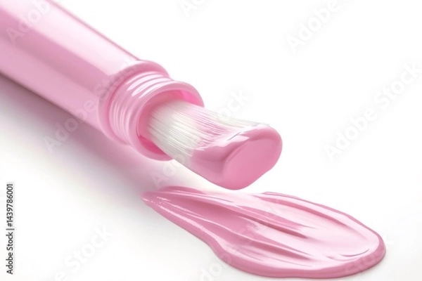 Fototapeta Pink cosmetic product squeezing from tube with brush applicator on white background, creating a smooth texture