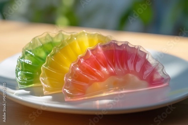 Fototapeta Vibrant, colorful shell shaped jelly desserts arranged on a white plate, creating a visually appealing culinary display