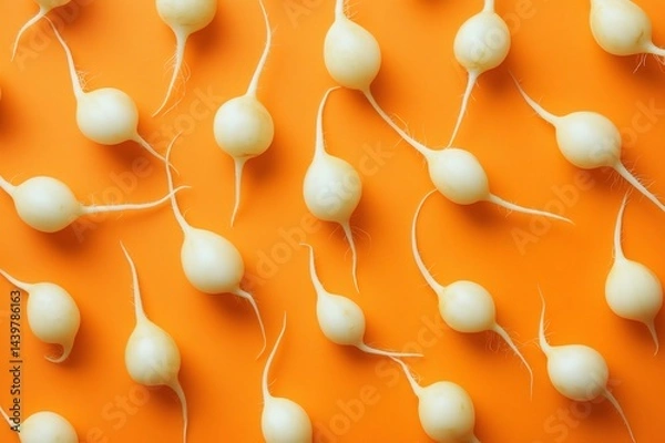 Fototapeta White radish seeds creating a pattern on a vibrant orange background, captured from above