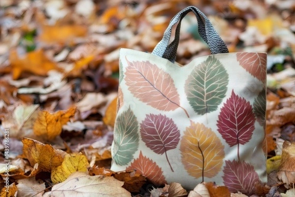 Fototapeta Reusable shopping bag with chestnut leaf print resting on fallen autumn leaves, promoting eco conscious choices and autumnal vibes