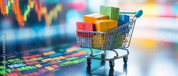 Fototapeta Shopping cart filled with colorful boxes, surrounded by stock market data