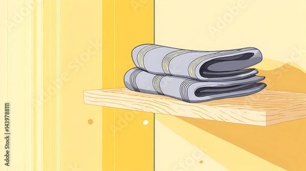 Fototapeta Illustration of a folded towel on a shelf, with a soft yellow background, minimalist style.

