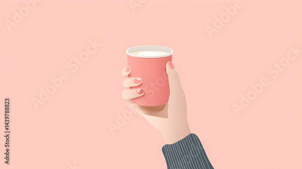 Fototapeta Illustration of a hand holding a cup, with a pastel pink background, minimalist style.


