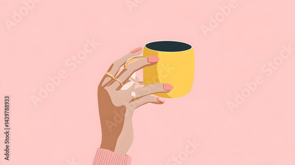 Fototapeta Illustration of a hand holding a cup, with a pastel pink background, minimalist style.

