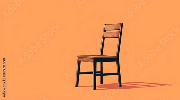 Fototapeta Illustration of a wooden chair with a simple design, against a warm orange background, minimalist style.


