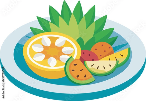 Fototapeta A vibrant vector art illustration of a "Pineapple Passion Platter" fruit salad, featuring colorful tropical fruits beautifully arranged and detailed