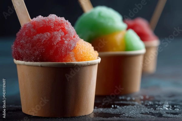 Obraz Fruit sorbet in small paper cup, colorful and frosty texture, spoon inside, summer outdoor mood