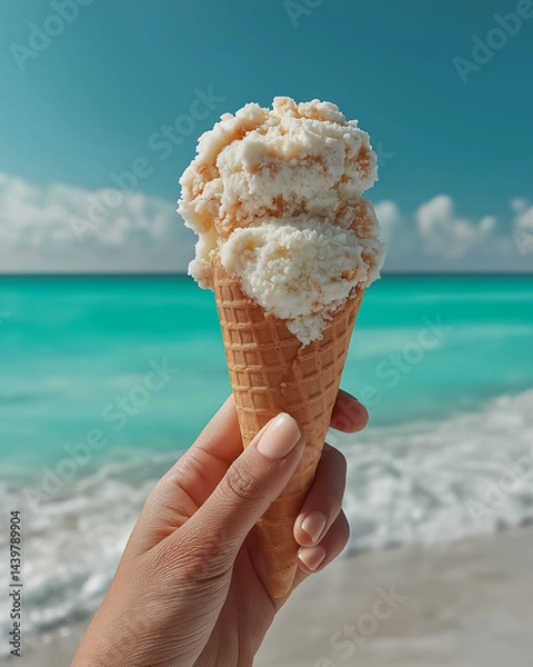Obraz Melting ice cream in cone held by hand on sunny beach, turquoise sea and sky in background, carefree summer moment