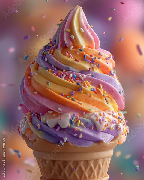 Obraz Rainbow swirl ice cream cone, bright playful background, candy sprinkles, joyful and whimsical summer vibe