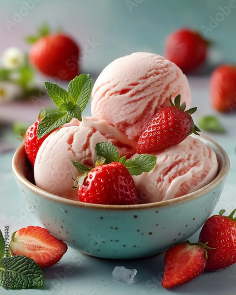 Obraz Strawberry ice cream scoops in bowl, fresh berries around, mint leaves, soft pastel background, refreshing summer dessert