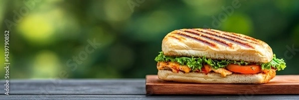 Obraz Grilled panini filled with chicken, lettuce, tomato, and sauce, served on a wooden cutting board with a blurred green background, suggesting an outdoor summer market or food truck setting