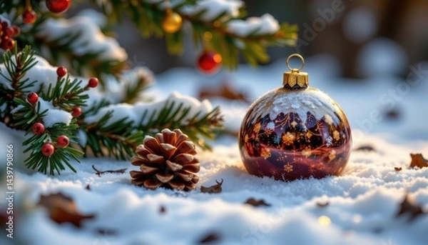 Fototapeta festive christmas ornament with pinecones resting on snowy forest ground, capturing holiday warmth, nature