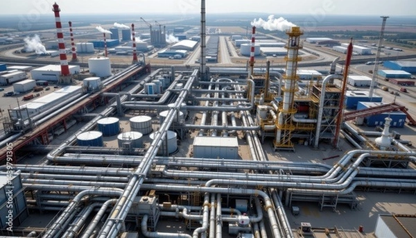 Fototapeta industrial oil refinery view with complex pipeline networks, illustrating heavy industry, energy production
