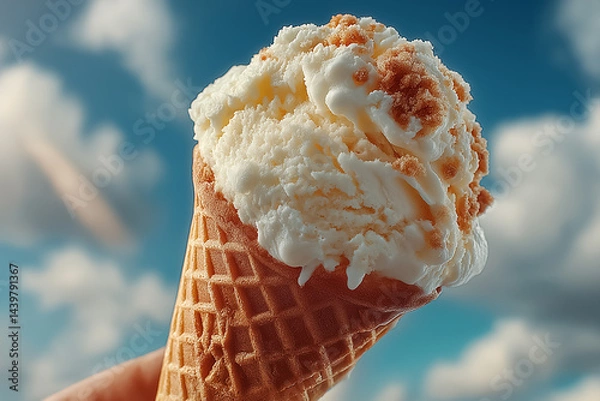Obraz Vanilla ice cream cone held up to the blue sky, fluffy clouds in background, summer brightness, soft focus, joyful minimalism
