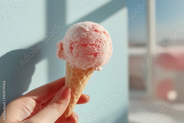Obraz Flat lay of hand holding a melting scoop of strawberry ice cream over clean white table, minimal shadow, soft summer vibe