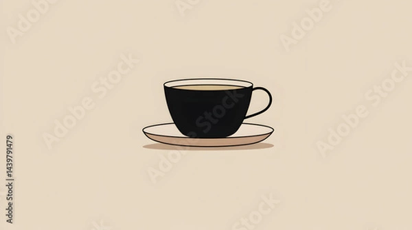 Fototapeta Illustration of a coffee cup on a saucer, with a beige background, minimalist style.

