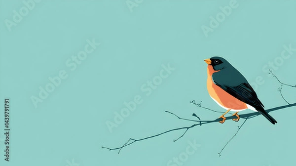 Fototapeta Illustration of a single bird perched on a branch, with a pale sky blue background, minimalist style.

