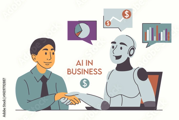 Obraz Robot helps businessman vector isolated. AI technology for business. Artificial intelligence assistance. Man communicating with robot.