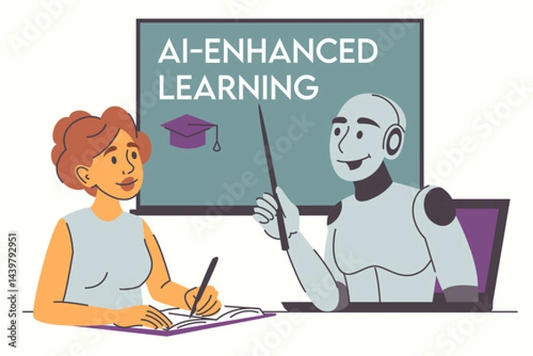 Obraz Robot teaching female person vector isolated. AI technology in education. Futuristic teacher, modern technology in learning area. Online tutor.