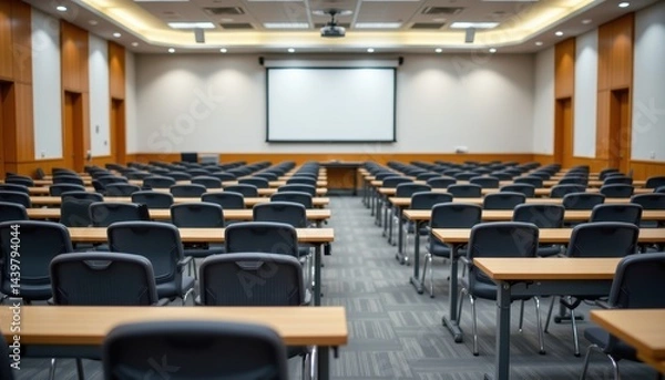 Fototapeta empty university classroom with rows of empty chairs and tables, blurred background symbolizing education, business seminars