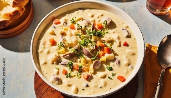 Fototapeta Creamy Clam Chowder With Vegetables And Herbs On A Rustic Table
