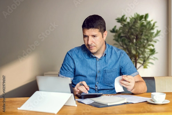 Fototapeta Stressed owner checking bills, tax deduction due to world tariffs - Businessman calculating business balance prepare tax fees