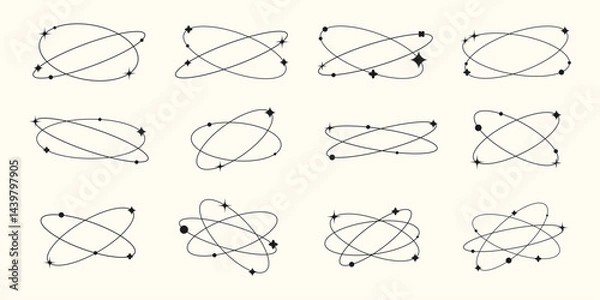 Obraz Vector illustration. Set of geometric orbit with dynamic stars, circles, shapes. Design element for poster, book or magazine cover, layout, flyer, post, business or greeting card. Y2K style graphic