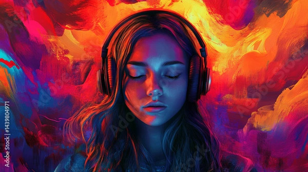 Fototapeta Surreal Colorful Girl with Headphones Experiencing Auditory Hallucinations