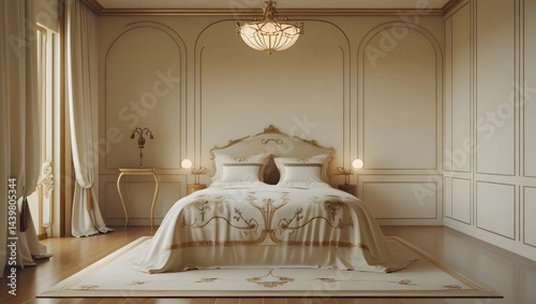 Fototapeta Elegant Bedroom Interior With Double Bed, Night Tables, Armchair And Seaview Through Window