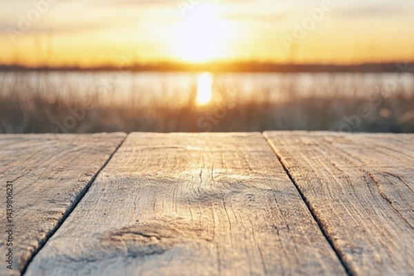 Obraz Rustic wooden surface close-up with blurred sunset and lake in background