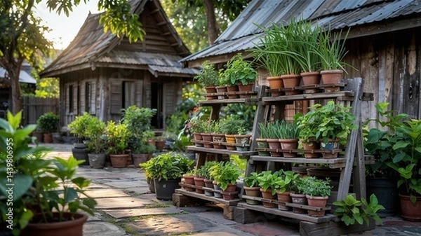 Obraz Outdoor garden with two wooden huts and numerous potted plants neatly arranged on a stone walkway.