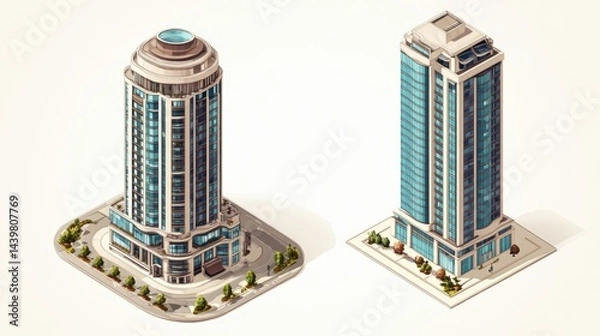 Fototapeta Vector Isometric City Building Set. Vector Isometric City Building Icon Isolated on White Background.